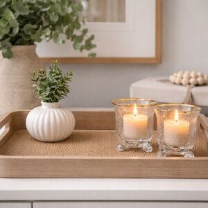 Set of 2 Gold Rim Crackle Glass Votive Candle Holders w/ Feet